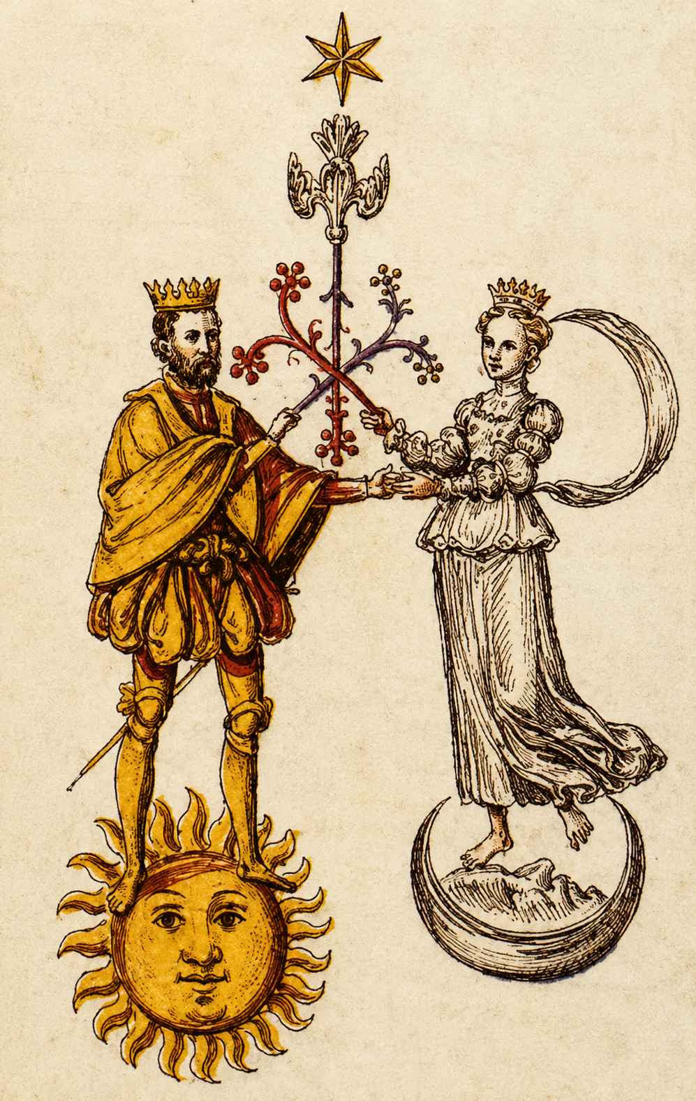 A crowned king and queen with crossed flowering branches