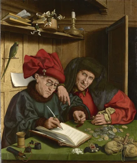 Two Renaissance merchants consulting a ledger