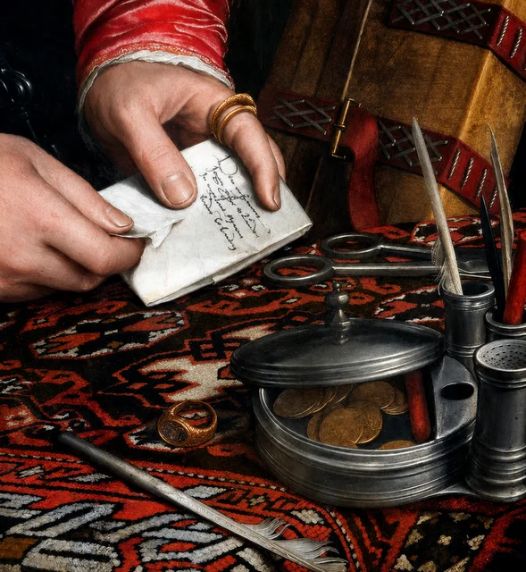 A merchant writing a letter among coins, cloth and trade tools
